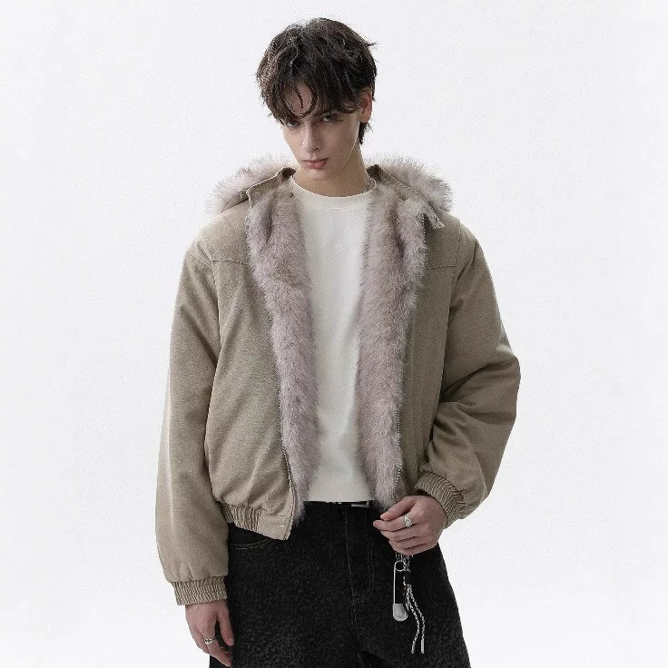 NOAH MARS Detachable Hood Fur Collar Mountain Print Loose Winter Cotton Jacket Men