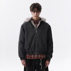 NOAH MARS Detachable Hood Fur Collar Mountain Print Loose Winter Cotton Jacket Men